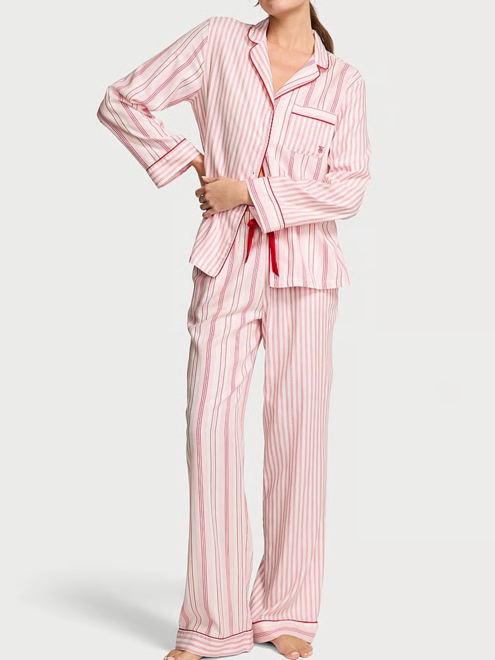 VICTORIA’S SECRET Striped Long Sleeves Pants Pajama Set Red Pink Size Medium